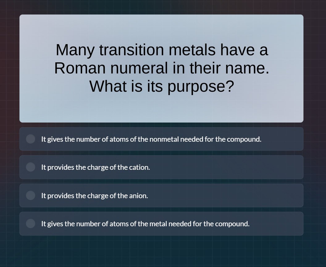 many transition metals have a roman numeral in their name. what is its …