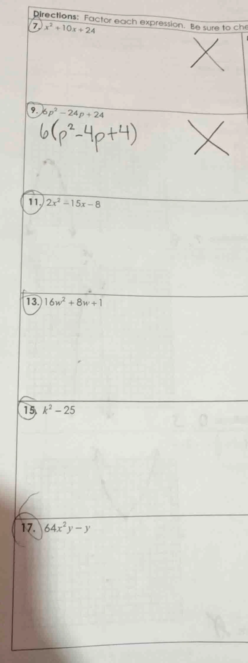 directions: factor each expression. be sure to che 7. ( x^2 + 10x + 24 …