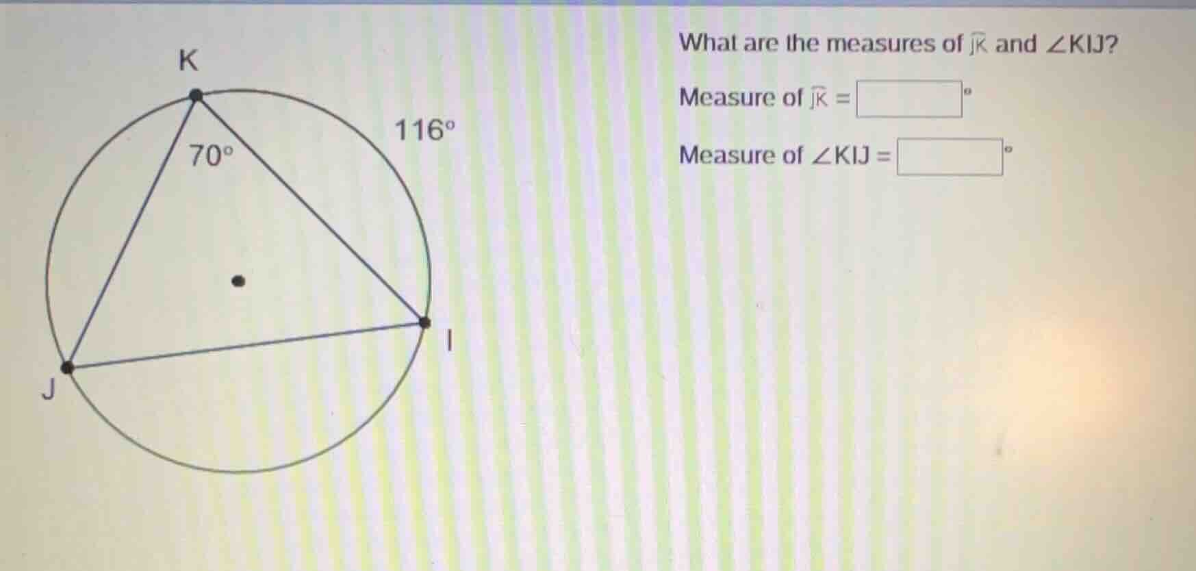 what are the measures of \\(\\overarc{jk}\\) and \\(\\angle kij\\)? mea…