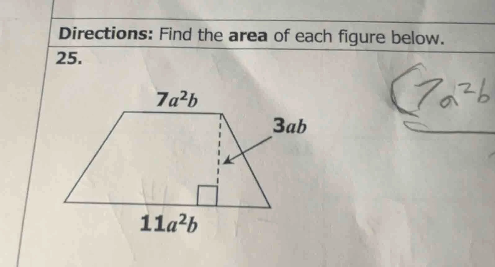 directions: find the area of each figure below. 25. (figure of a trapez…