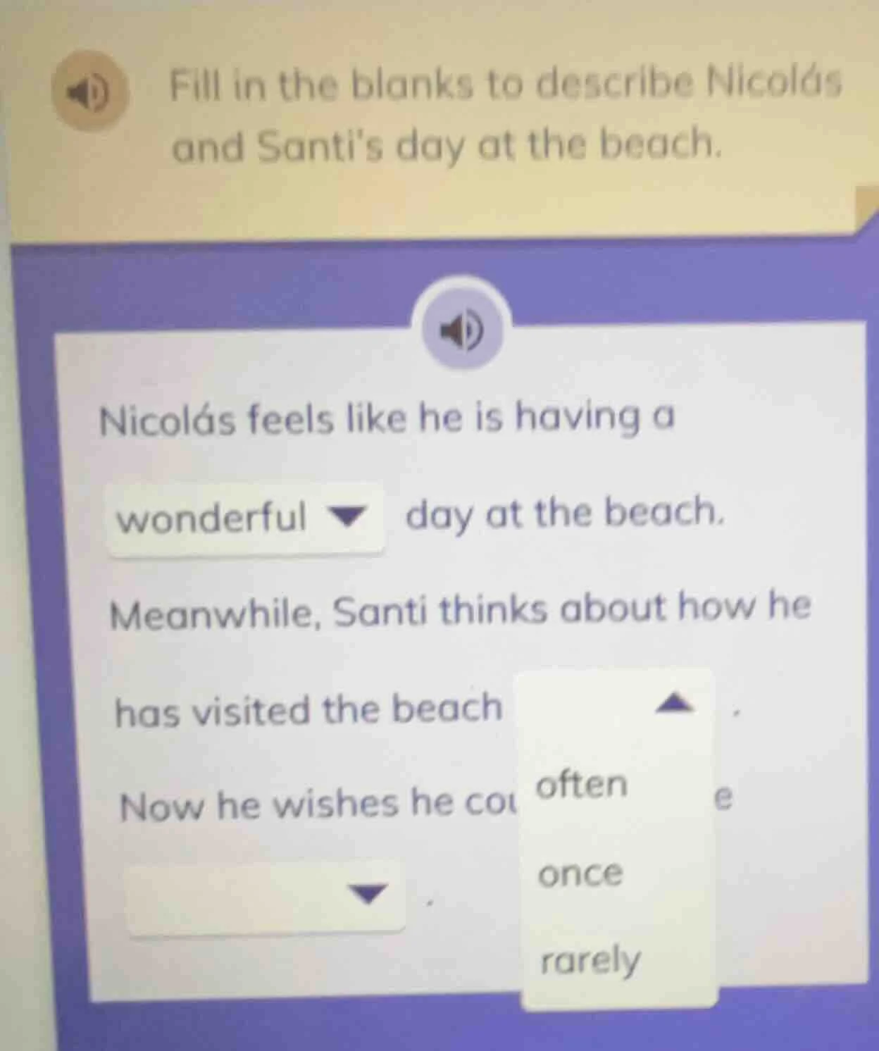 fill in the blanks to describe nicolás and santis day at the beach. nic…