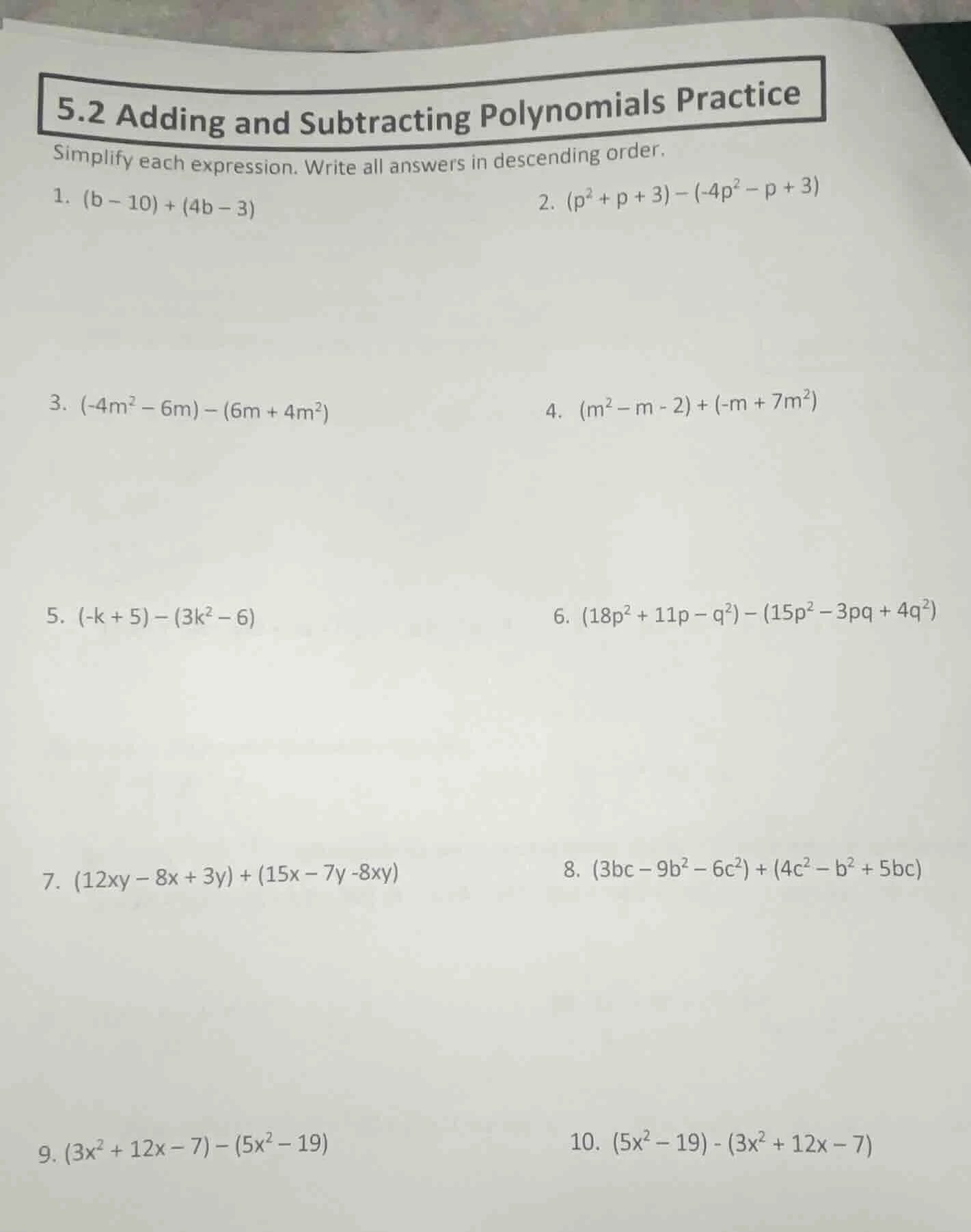 5.2 adding and subtracting polynomials practice simplify each expressio…