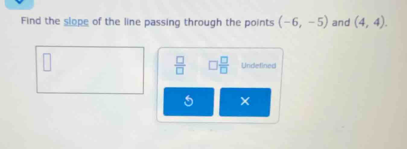 find the slope of the line passing through the points (-6, -5) and (4, …