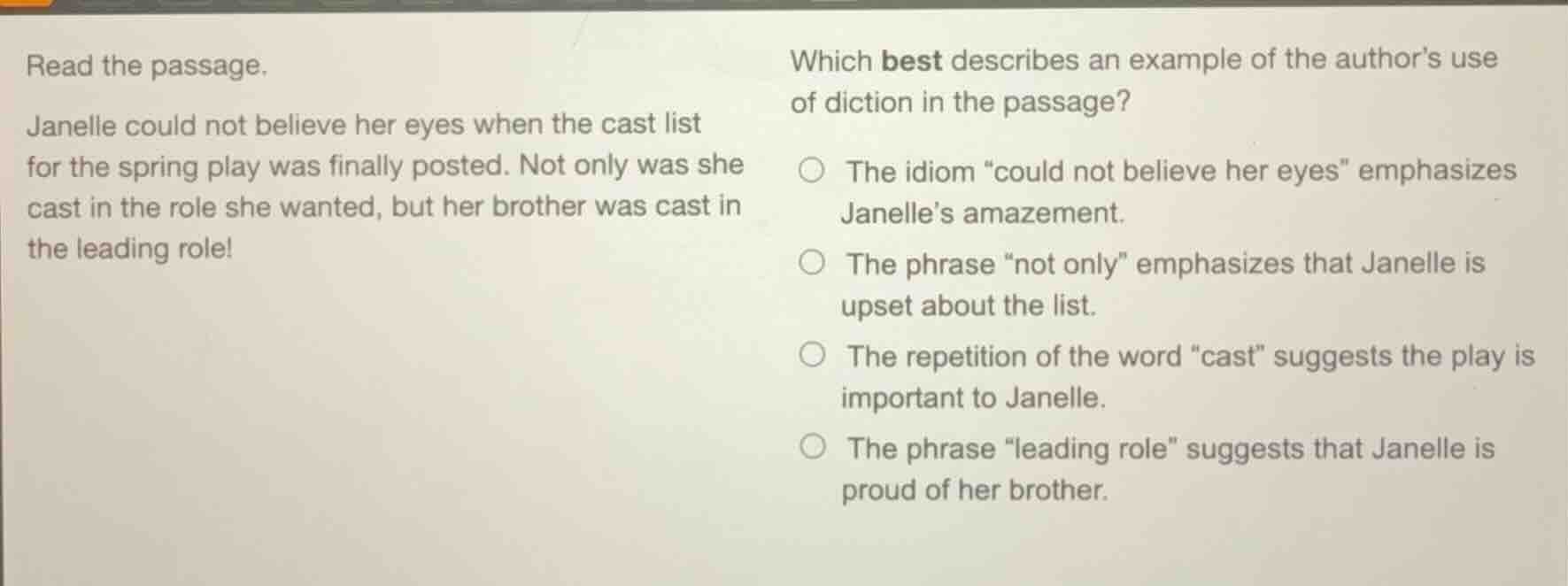 read the passage. janelle could not believe her eyes when the cast list…