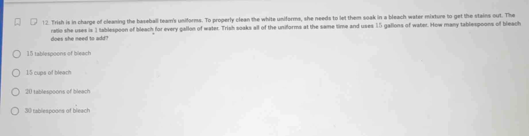 12. trish is in charge of cleaning the baseball teams uniforms. to prop…