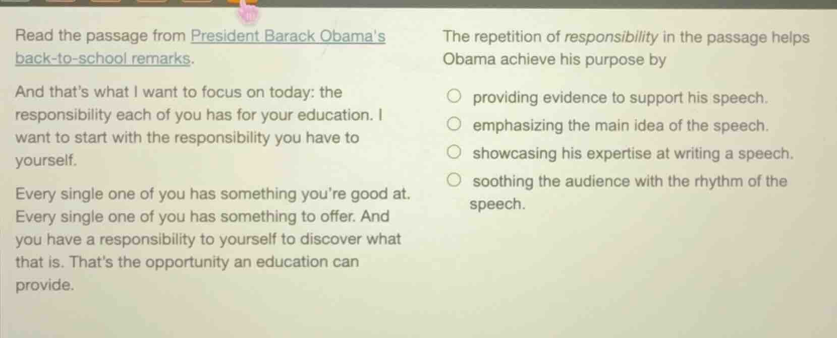 read the passage from president barack obamas back - to - school remark…