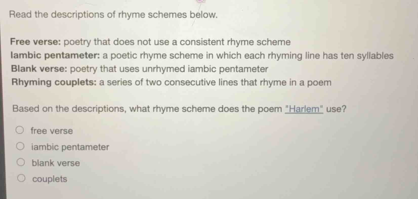read the descriptions of rhyme schemes below. free verse: poetry that d…