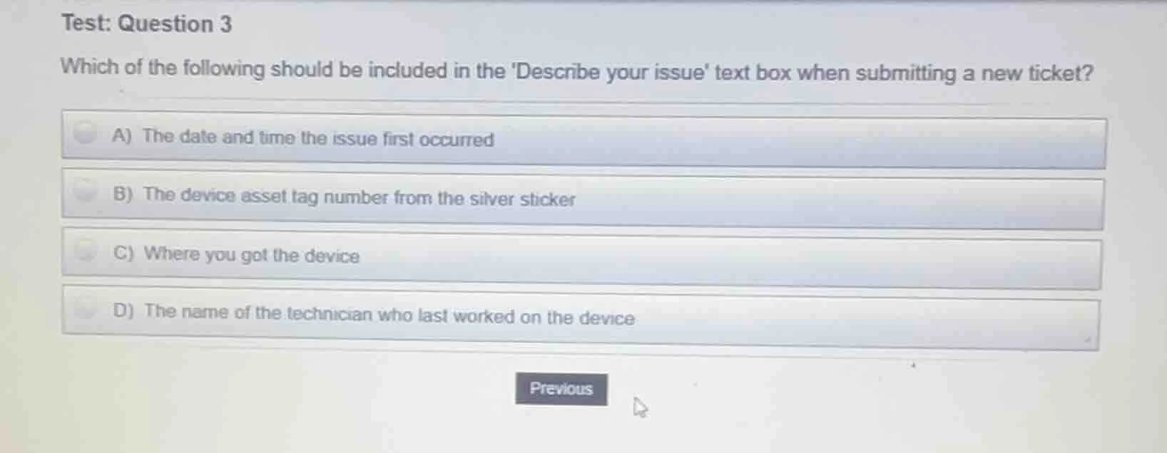 test: question 3 which of the following should be included in the descr…