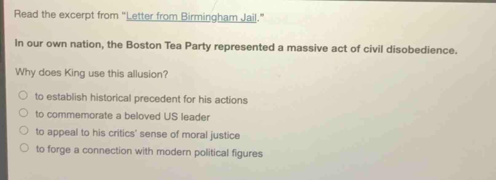 read the excerpt from \letter from birmingham jail.\ in our own nation,…
