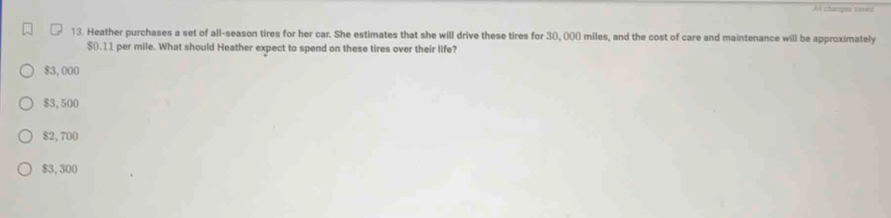 13. heather purchases a set of all - season tires for her car. she esti…