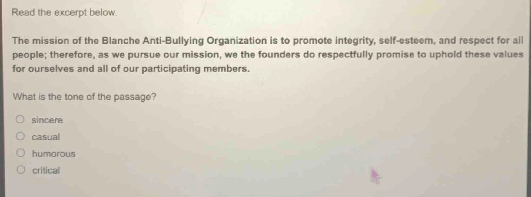 read the excerpt below. the mission of the blanche anti - bullying orga…