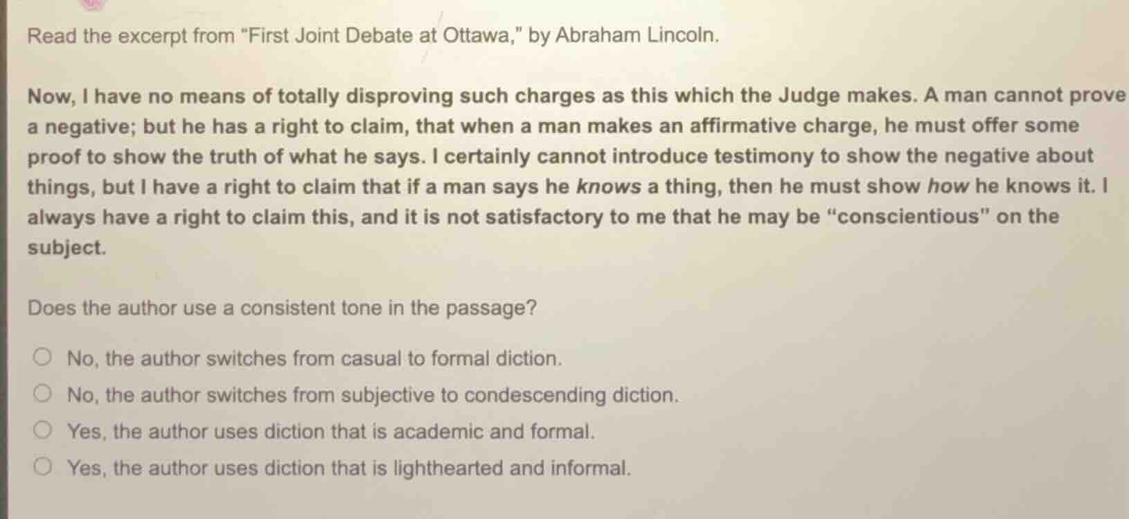 read the excerpt from \first joint debate at ottawa,\ by abraham lincol…