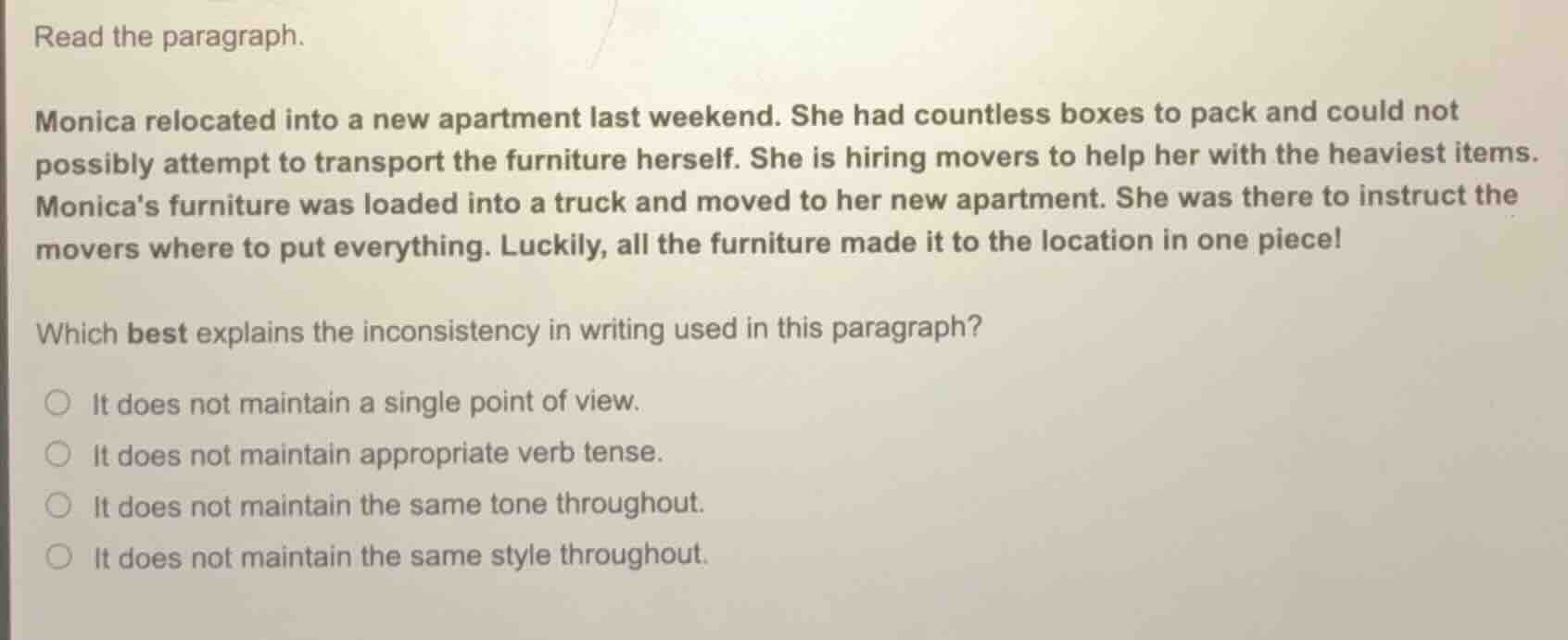 read the paragraph. monica relocated into a new apartment last weekend.…