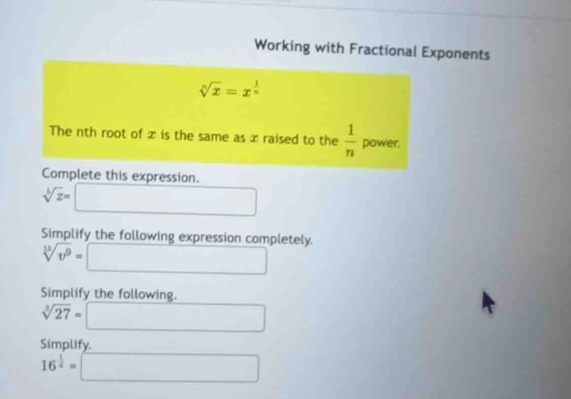 working with fractional exponents \\(\\sqrtn{x} = x^{\\frac{1}{n}}\\) t…