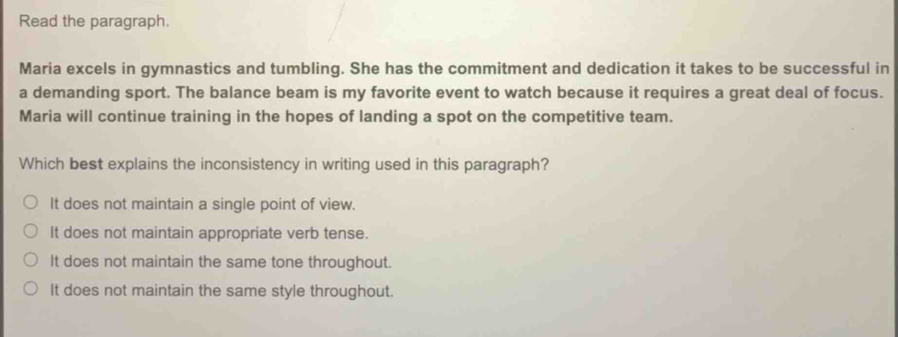 read the paragraph. maria excels in gymnastics and tumbling. she has th…