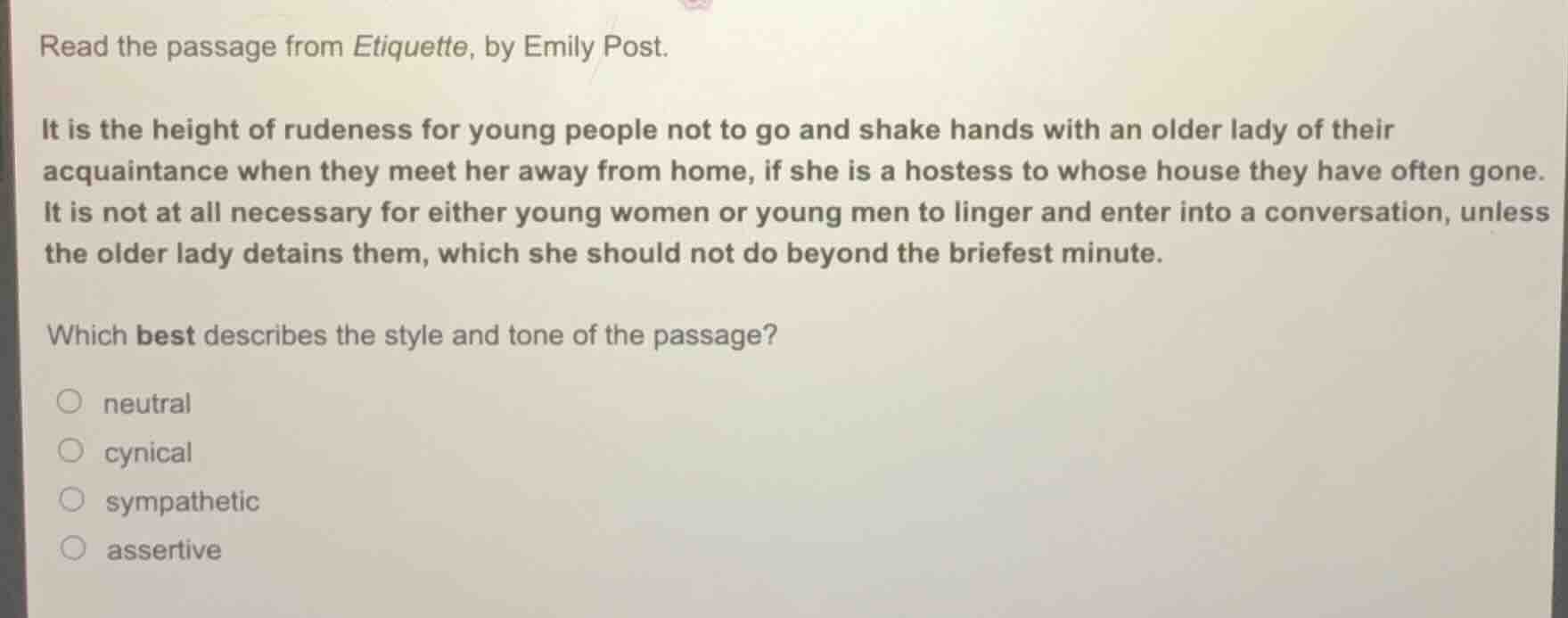 read the passage from etiquette, by emily post. it is the height of rud…