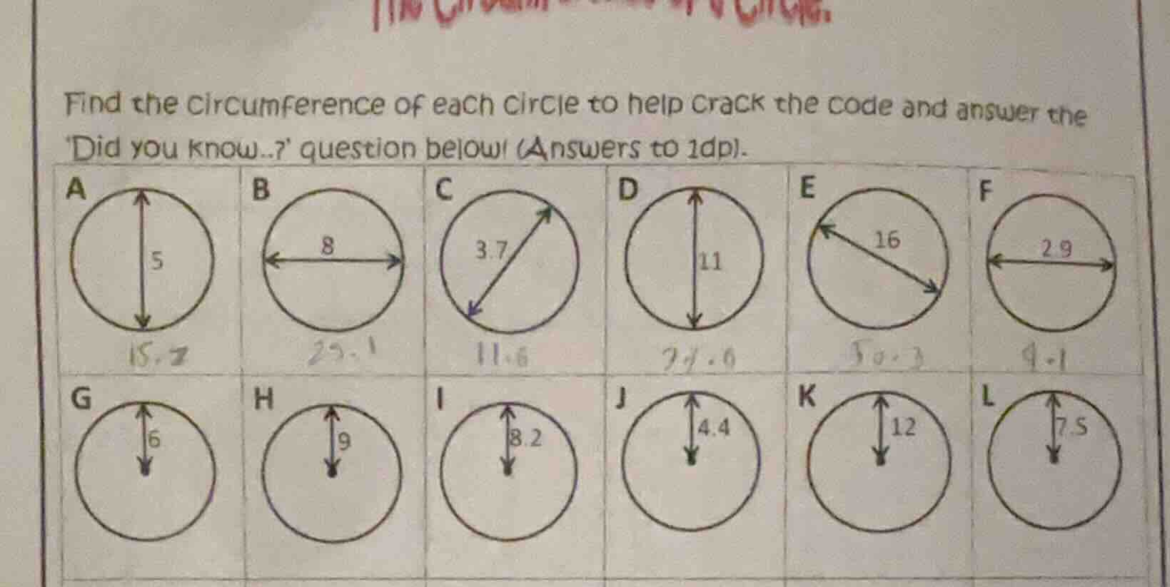 find the circumference of each circle to help crack the code and answer…