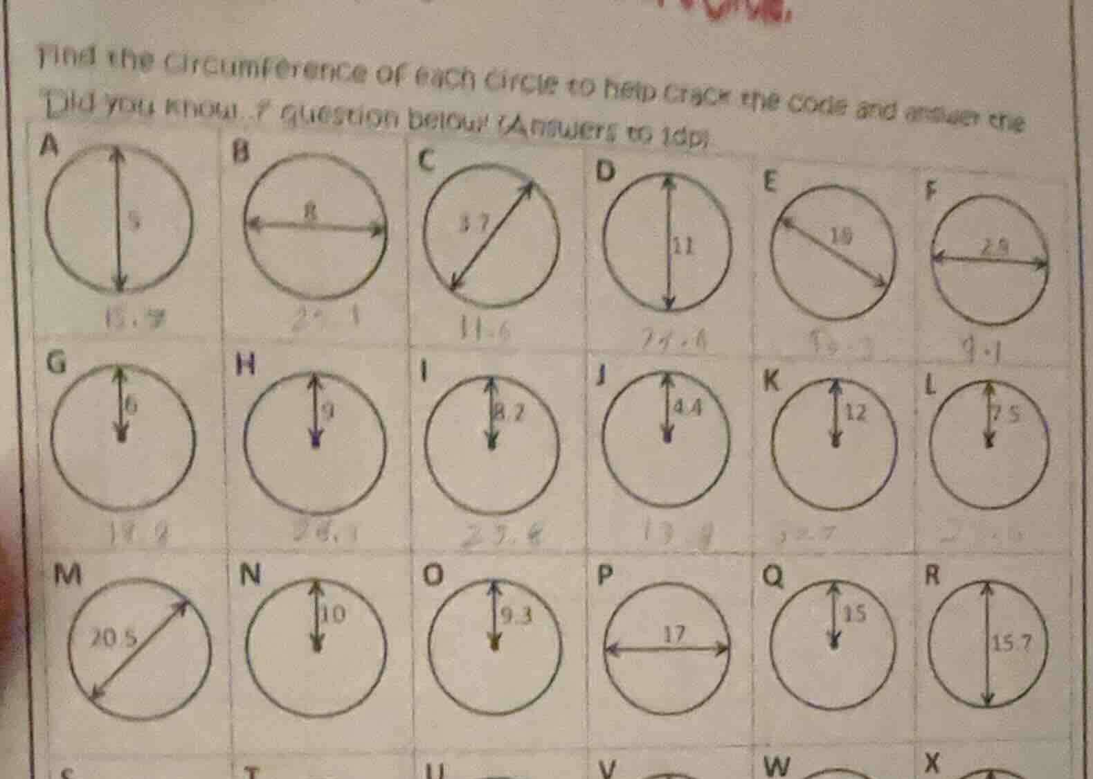 find the circumference of each circle to help crack the code and answer…