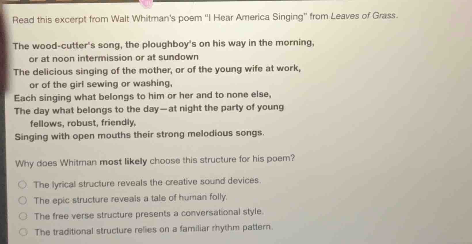 read this excerpt from walt whitman’s poem “i hear america singing” fro…