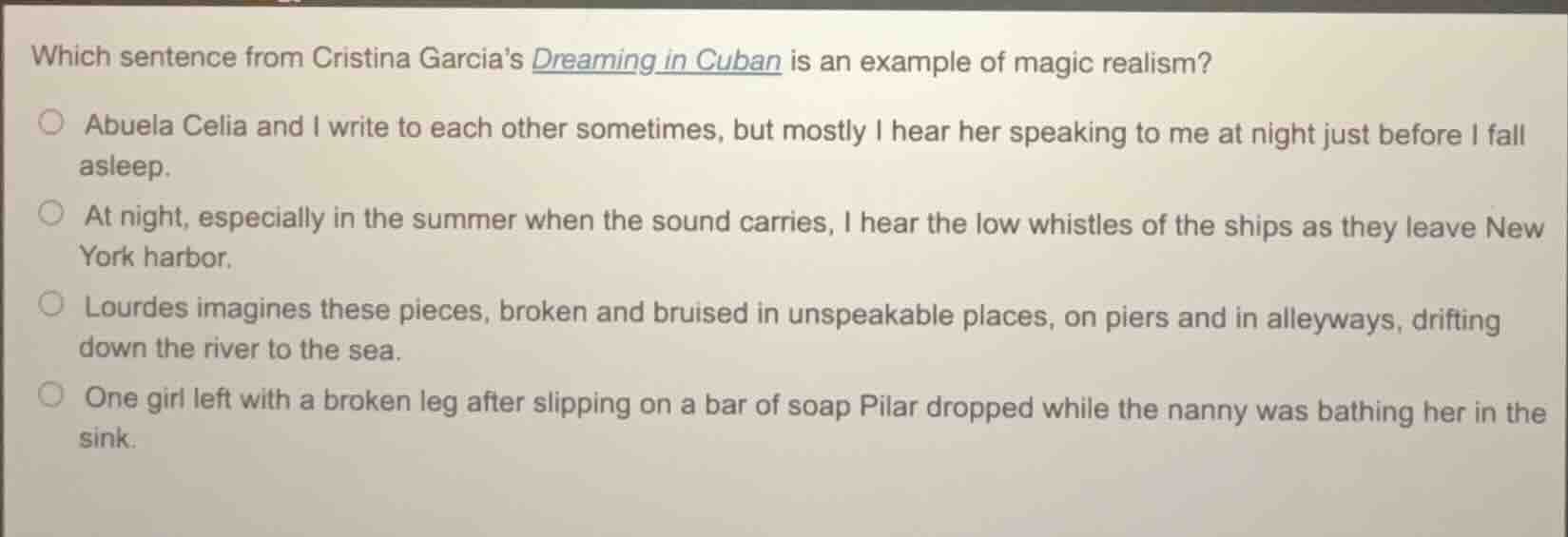 which sentence from cristina garcias dreaming in cuban is an example of…