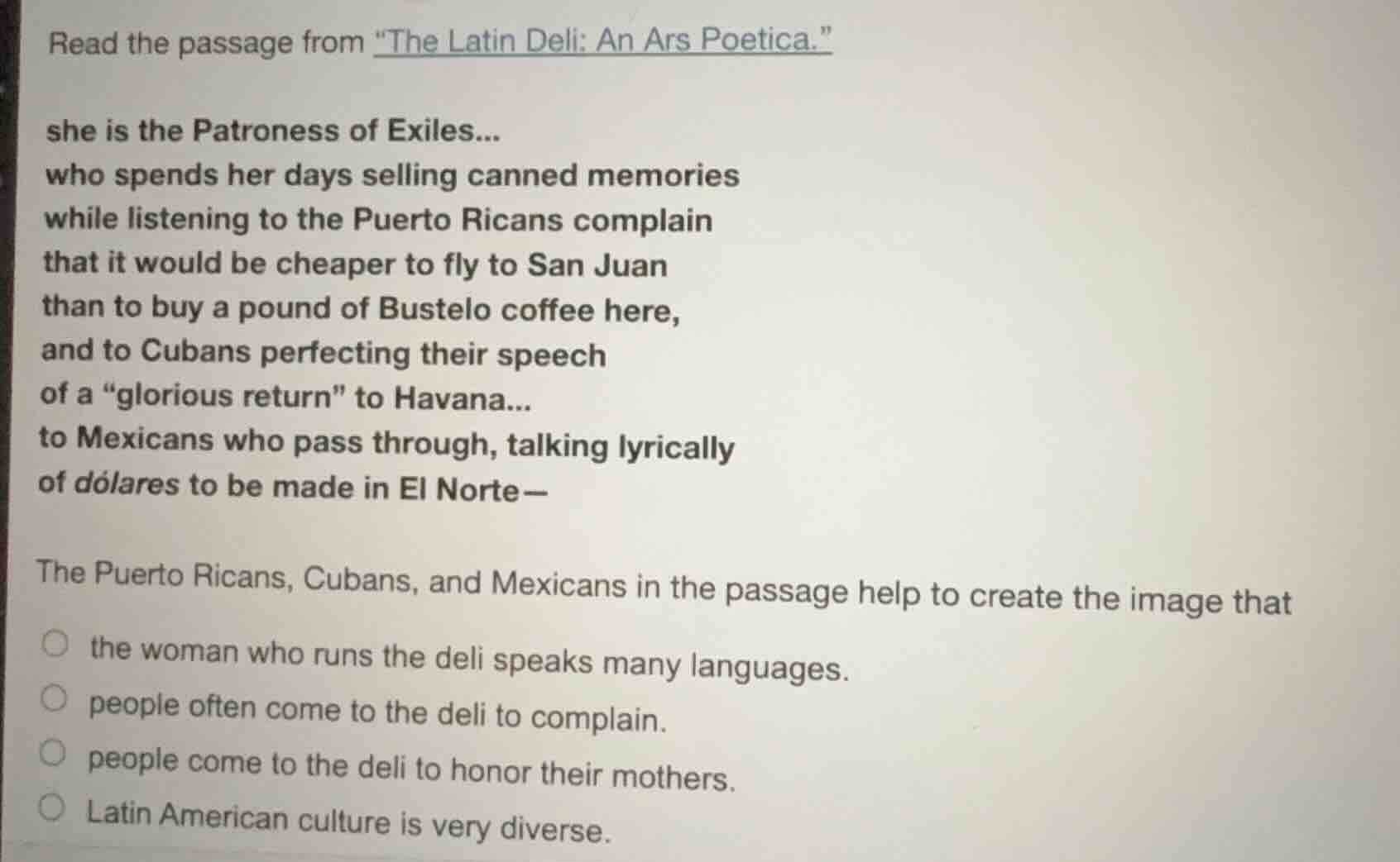 read the passage from \the latin deli: an ars poetica.\ she is the patr…