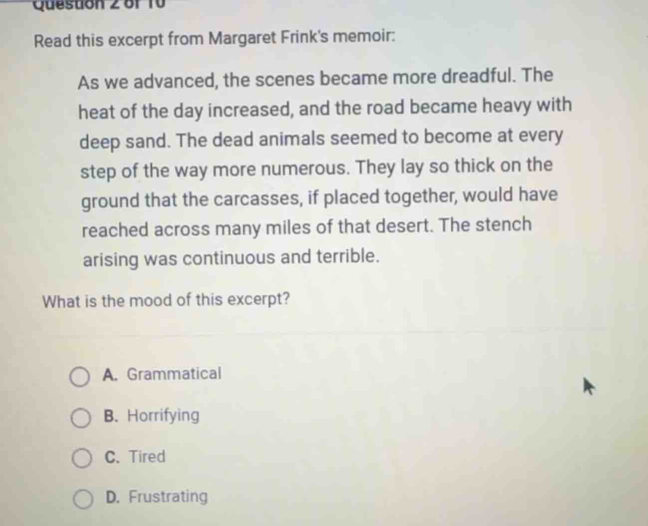 question 2 of 10 read this excerpt from margaret frinks memoir: as we a…