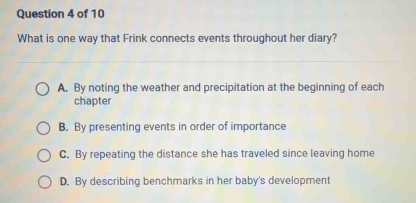question 4 of 10 what is one way that frink connects events throughout …
