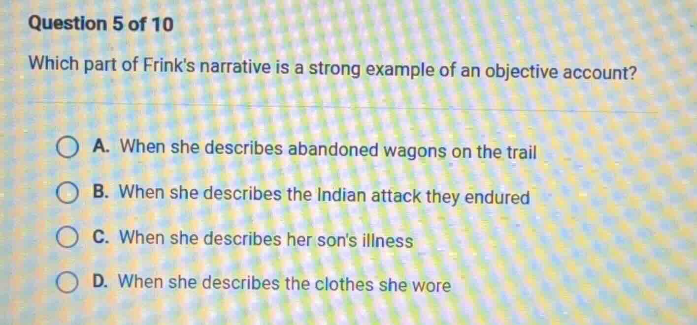 question 5 of 10 which part of frinks narrative is a strong example of …