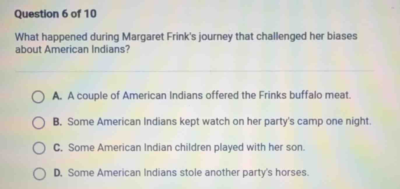question 6 of 10 what happened during margaret frink’s journey that cha…