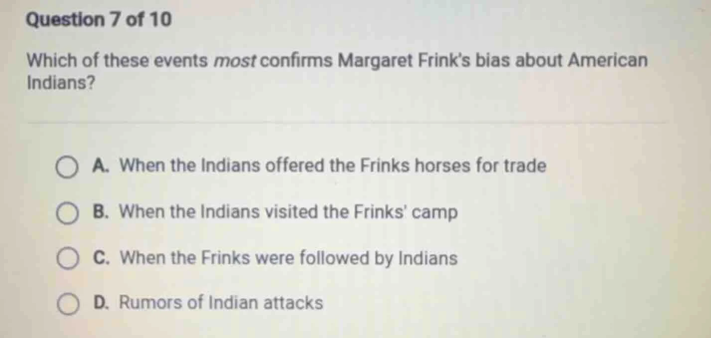 question 7 of 10 which of these events most confirms margaret frink’s b…