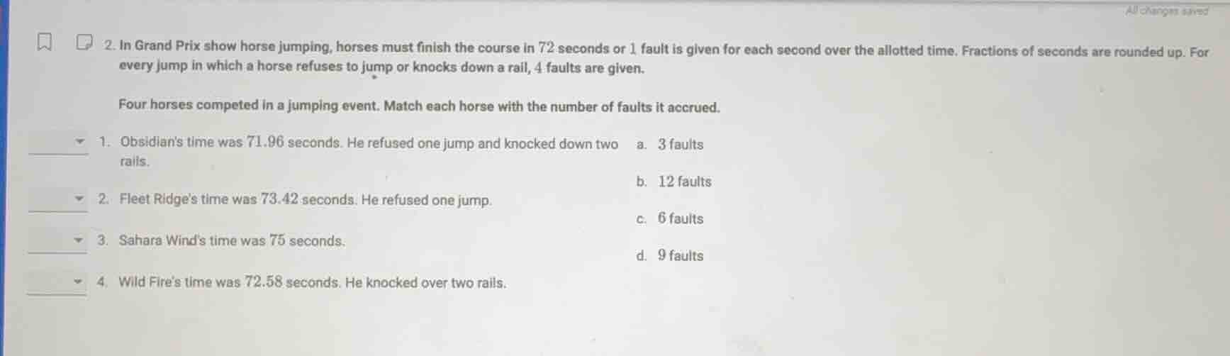 2. in grand prix show horse jumping, horses must finish the course in 7…
