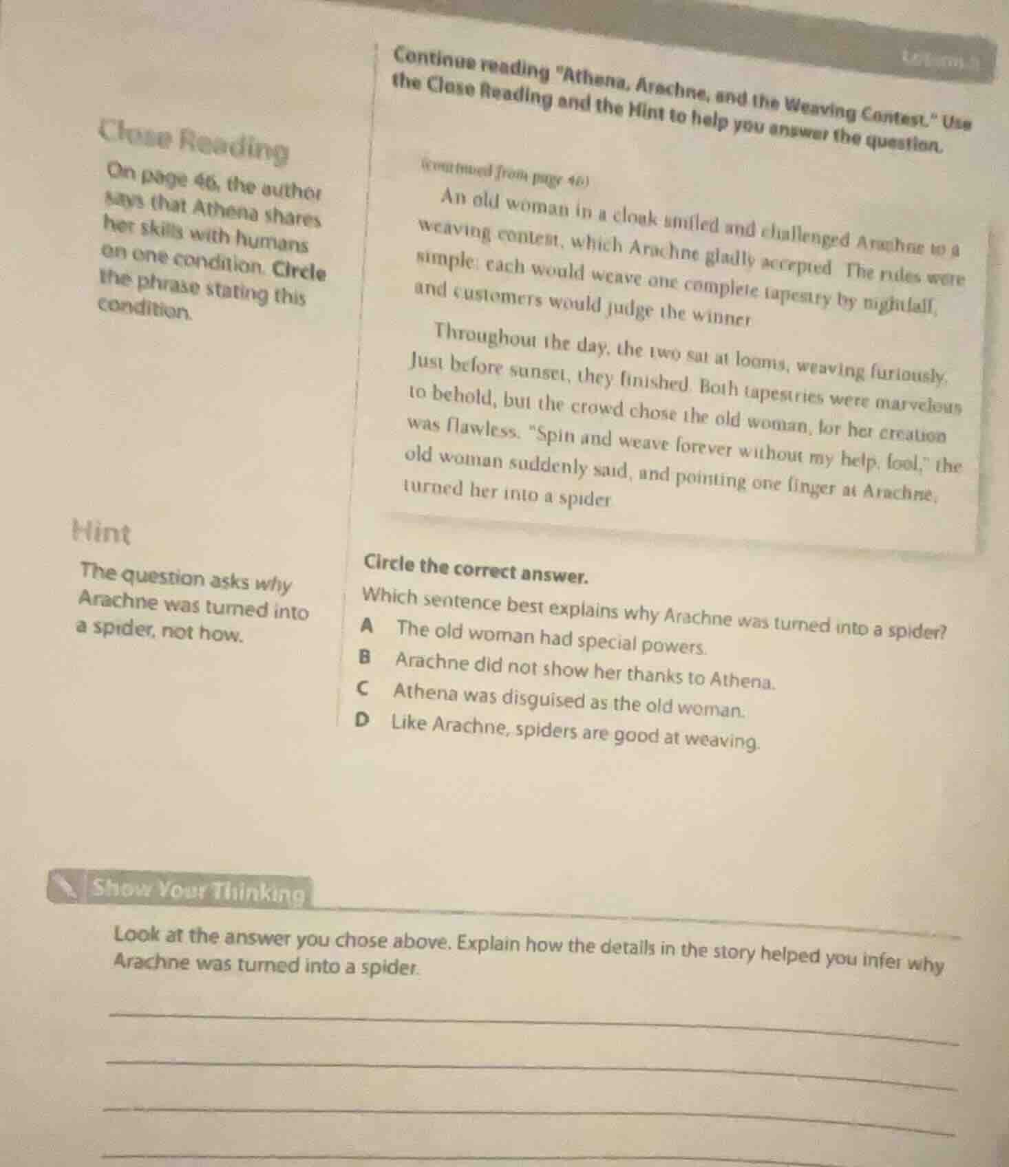 close reading on page 46, the author says that athena shares her skills…
