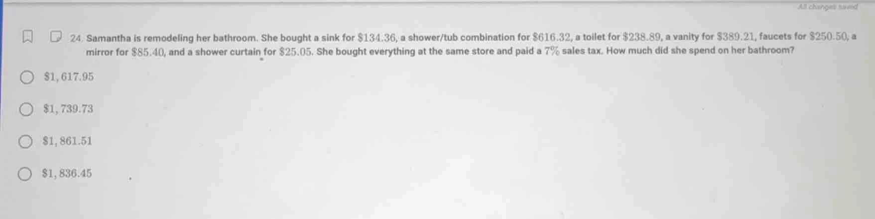 24. samantha is remodeling her bathroom. she bought a sink for $134.36,…