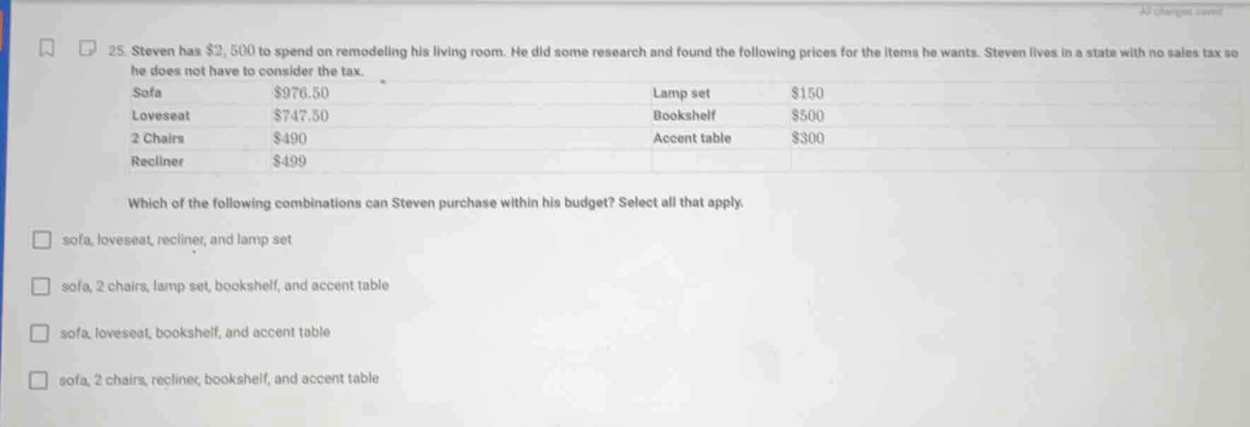 25. steven has $2,500 to spend on remodeling his living room. he did so…
