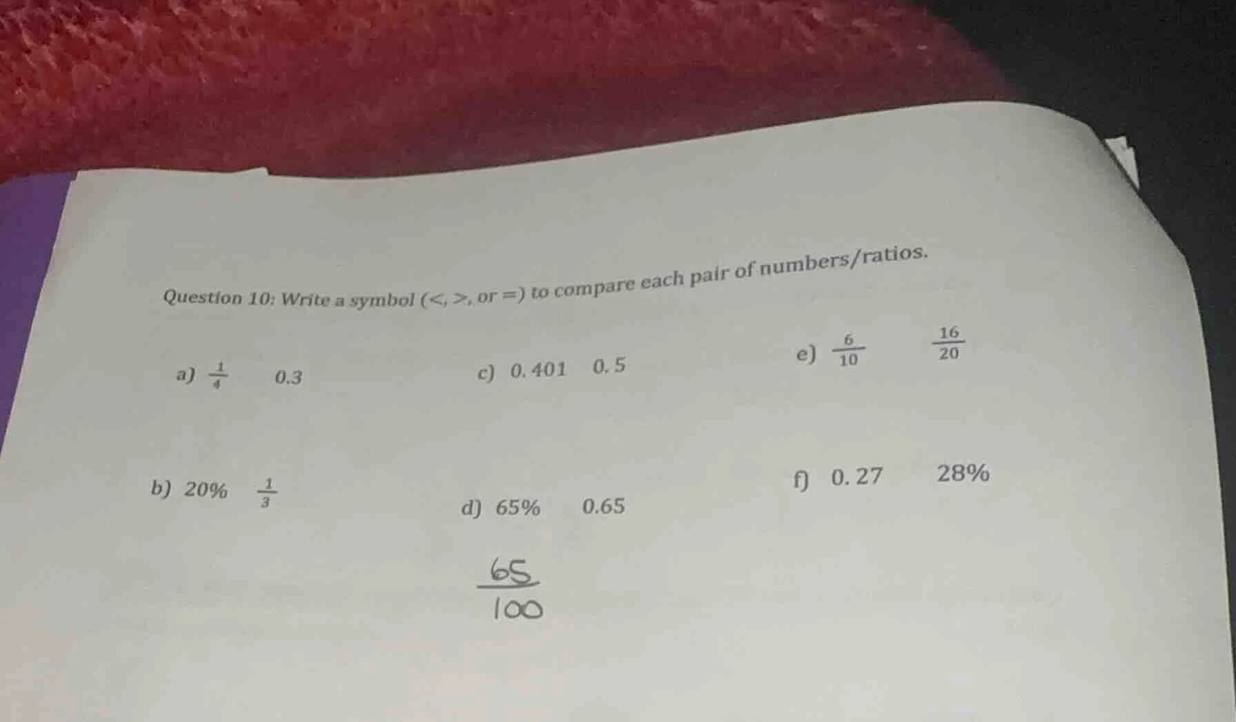 question 10: write a symbol (<, >, or =) to compare each pair of number…