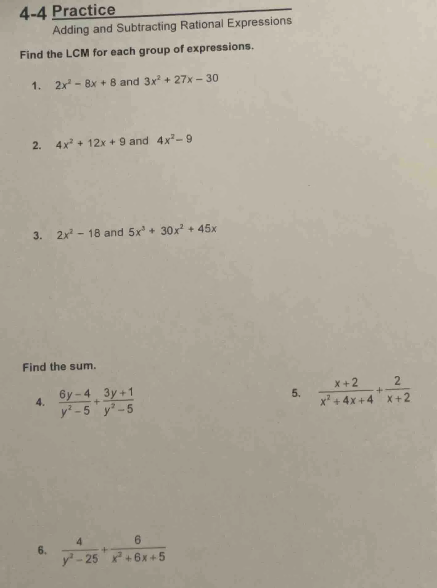 4-4 practice adding and subtracting rational expressions find the lcm f…