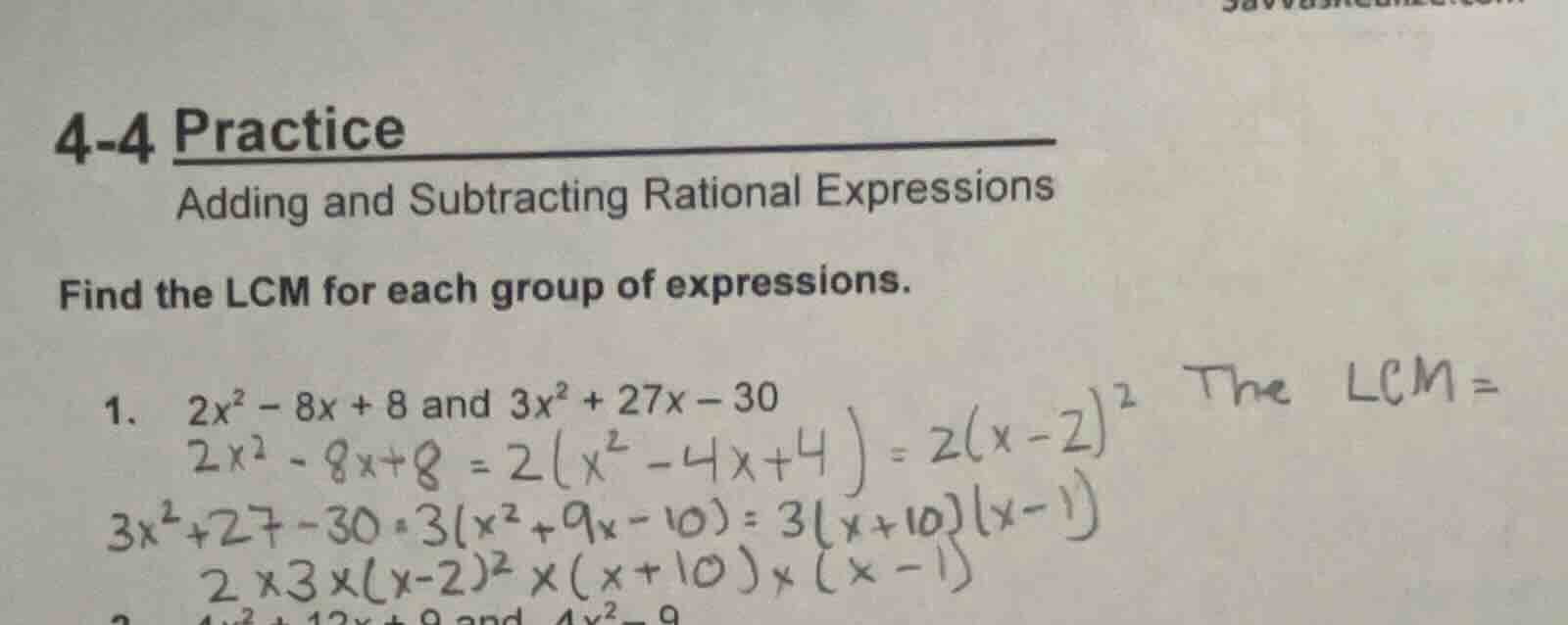 4-4 practice adding and subtracting rational expressions find the lcm f…
