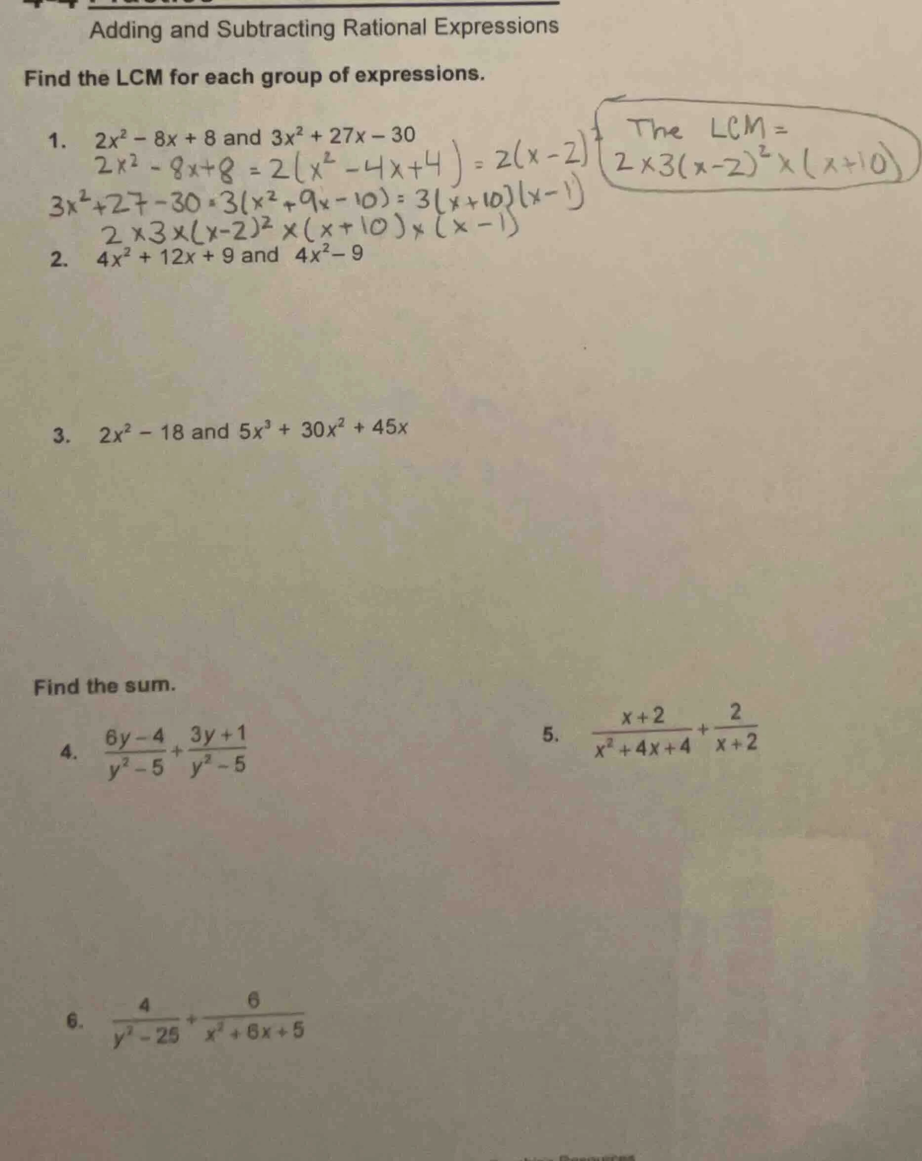 adding and subtracting rational expressions find the lcm for each group…