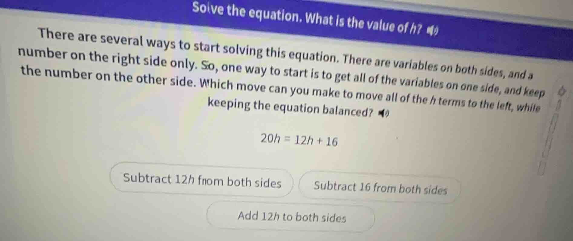solve the equation. what is the value of h? there are several ways to s…