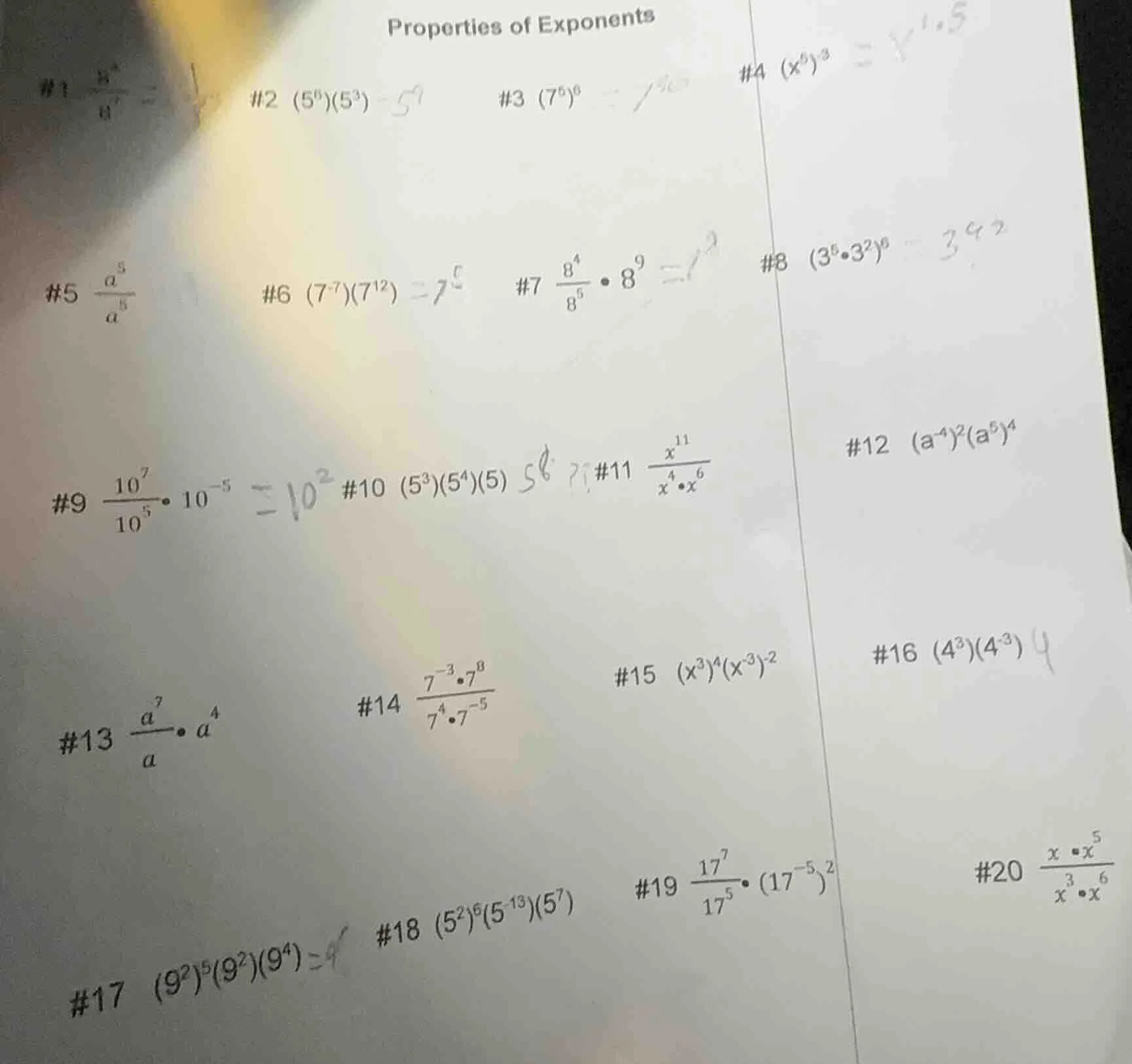 properties of exponents #1 \\(\\frac{9^2}{9^7}\\) #2 \\((5^6)(5^3)\\) #…