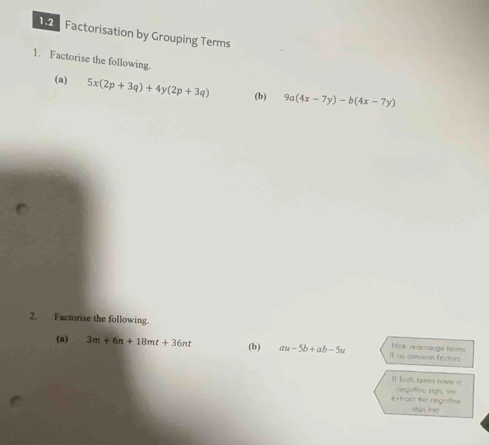 1.2 factorisation by grouping terms 1. factorise the following. (a) $5x…