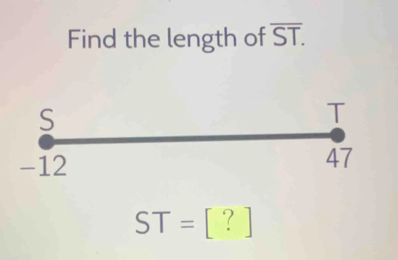 find the length of \\overline{st}.\ \ s is at -12, t is at 47.\ st = ?