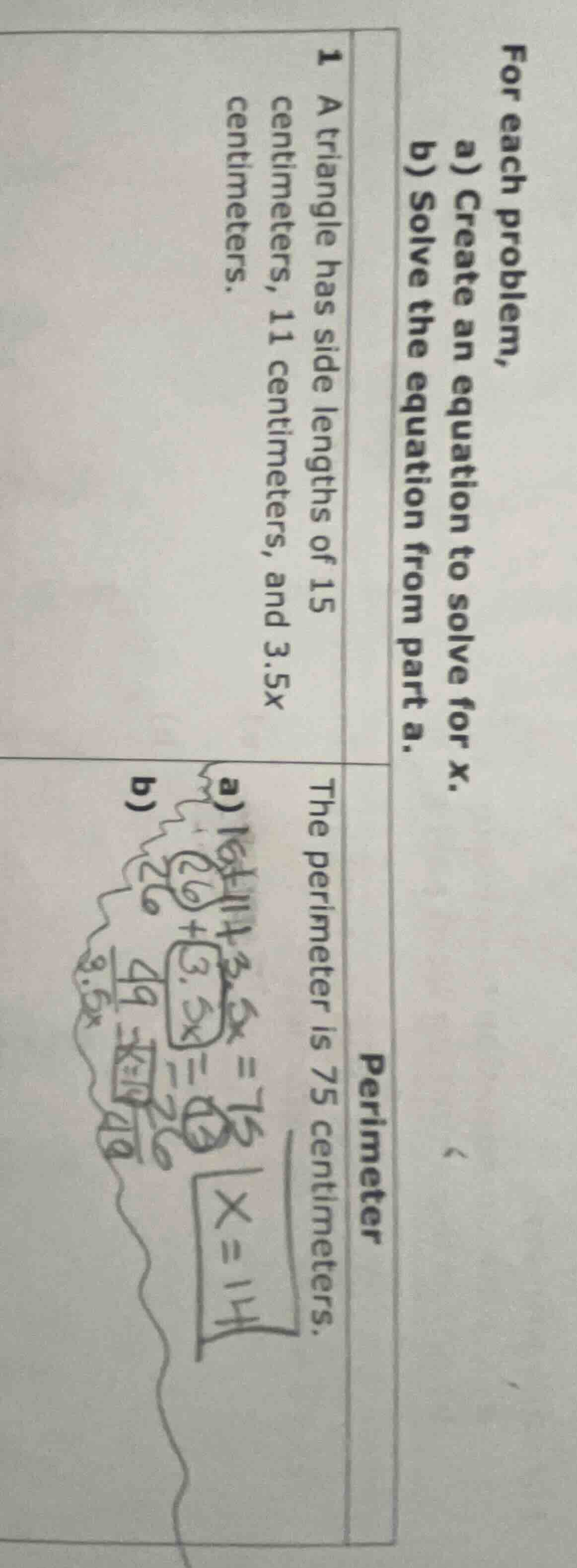 for each problem, a) create an equation to solve for x. b) solve the eq…