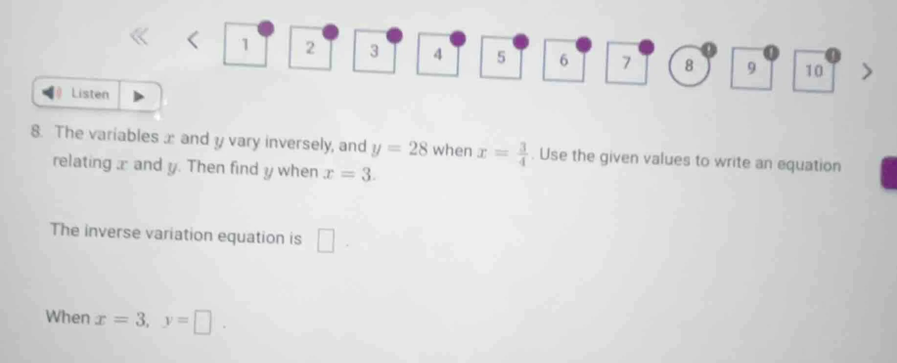 8. the variables x and y vary inversely, and y = 28 when x = \\(\\frac{…