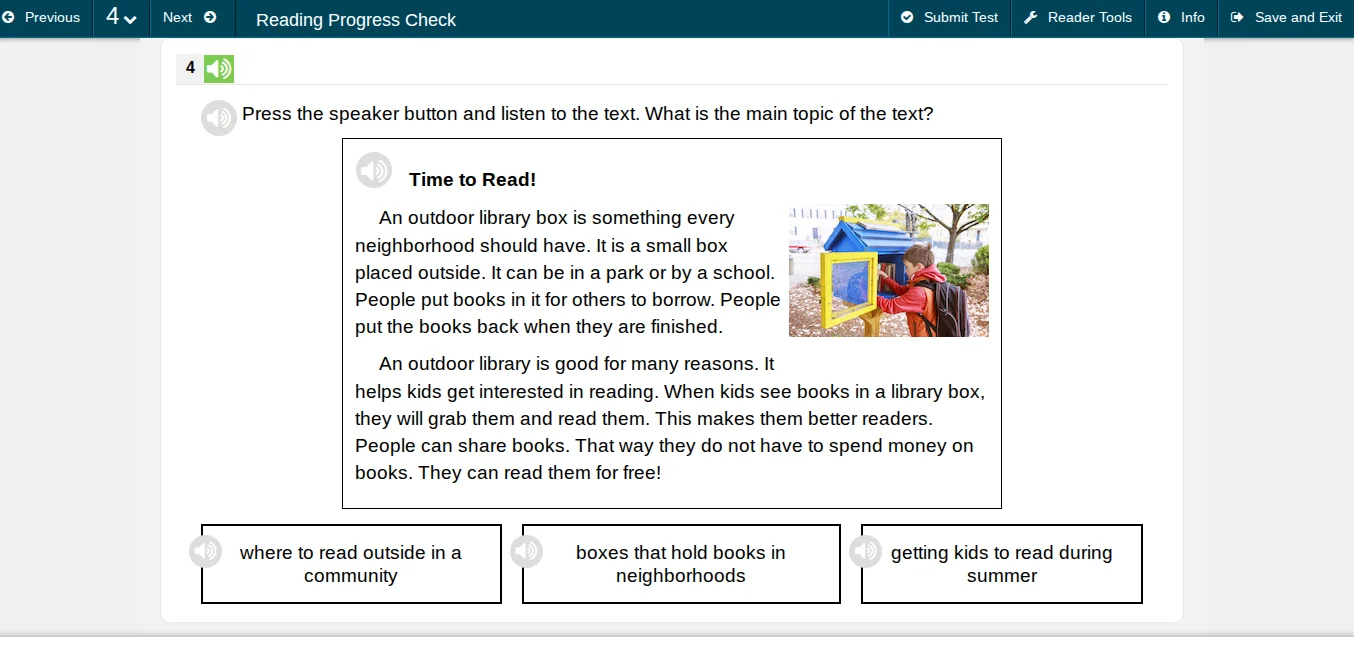 press the speaker button and listen to the text. what is the main topic…