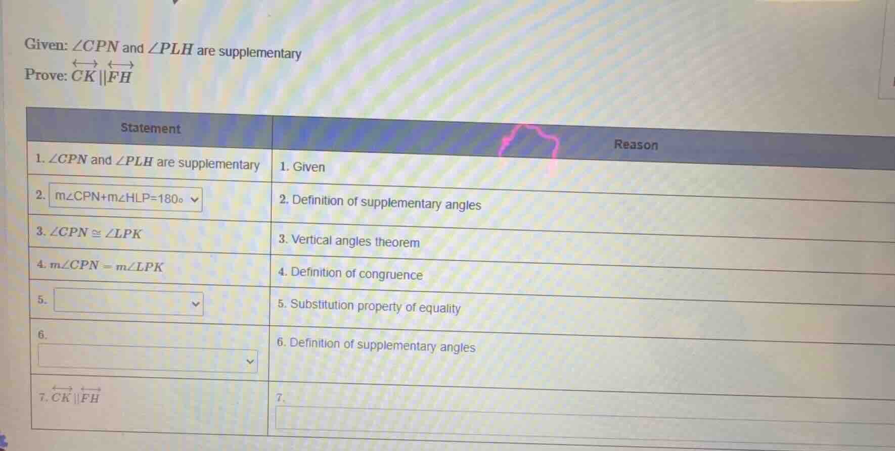 given: ∠cpn and ∠plh are supplementary prove: \\overleftrightarrow{ck} …