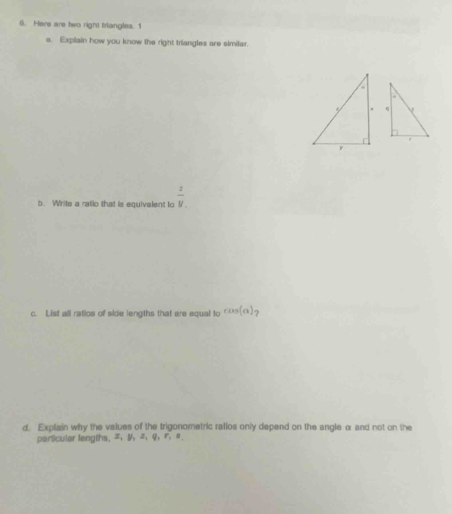 6. here are two right triangles. a. explain how you know the right tria…
