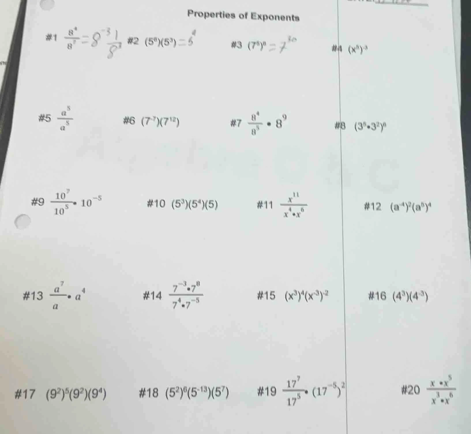 properties of exponents #1 \\(\\frac{8^4}{8^7}\\) #2 \\((5^6)(5^3)\\) #…