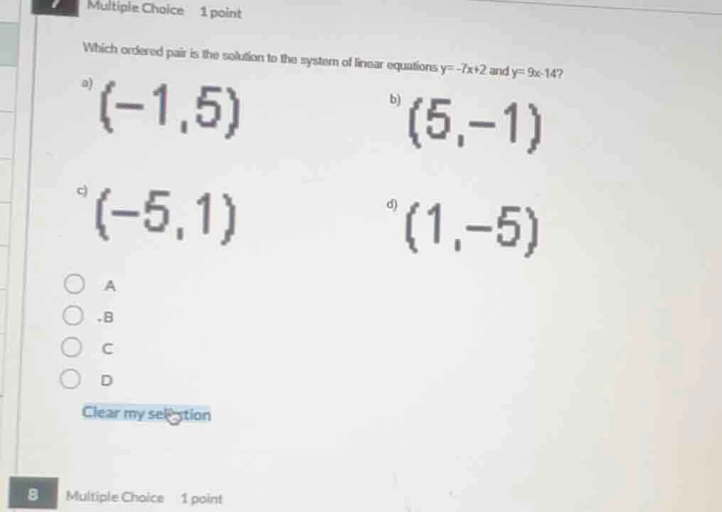 multiple choice 1 point which ordered pair is the solution to the syste…