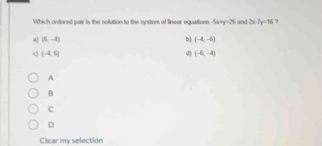 which ordered pair is the solution to the system of linear equations -5…